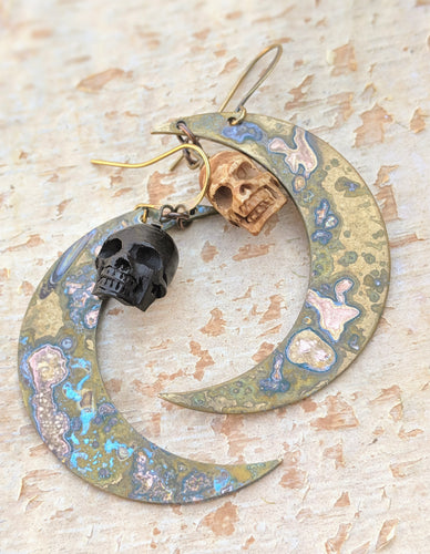 Carved Bone Skull and Big Moon Earrings - Black and White - Minxes' Trinkets