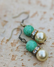 Load image into Gallery viewer, Simple Jade, Rhinestone and Vintage Pearl Earrings - Minxes&#39; Trinkets
