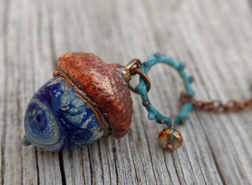 RESERVED FOR CHAUNDRA Electroformed Lampworked Glass Acorn - Opaque Blue and White Swirl - Minxes' Trinkets