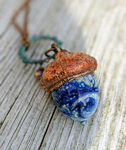 RESERVED FOR CHAUNDRA Electroformed Lampworked Glass Acorn - Opaque Blue and White Swirl - Minxes' Trinkets