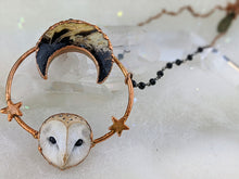 Load image into Gallery viewer, Electroformed Barn Owl Necklace with Fossilized Palm Root Moon - I - Minxes&#39; Trinkets
