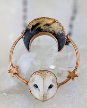 Load image into Gallery viewer, Electroformed Barn Owl Necklace with Fossilized Palm Root Moon - I - Minxes&#39; Trinkets