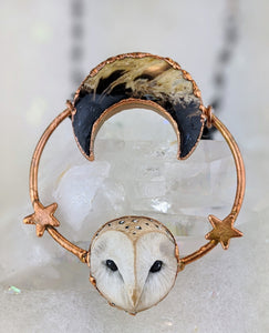 Electroformed Barn Owl Necklace with Fossilized Palm Root Moon - I - Minxes' Trinkets