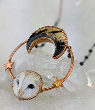 Load image into Gallery viewer, Electroformed Barn Owl Necklace with Fossilized Palm Root Moon - I - Minxes&#39; Trinkets