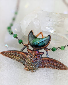 Electroformed Swooping Owl with Teal Green Labradorite Moon - Minxes' Trinkets