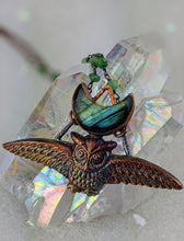 Load image into Gallery viewer, Electroformed Swooping Owl with Teal Green Labradorite Moon - Minxes&#39; Trinkets