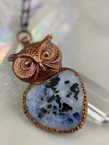 Electroformed Tourmalated Moonstone Owl - Minxes' Trinkets