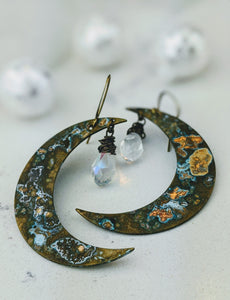 Verdigris Moon Earrings with Aura Briolettes - Minxes' Trinkets