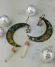 Load image into Gallery viewer, Verdigris Moon Earrings with Aura Quartz and Star - Minxes&#39; Trinkets