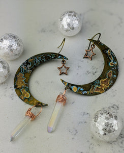 Verdigris Moon Earrings with Aura Quartz and Star - Minxes' Trinkets