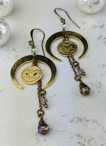 Winter Crescent Moon Earrings with Brass Owls and Dangles - Minxes' Trinkets