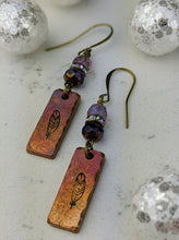 Load image into Gallery viewer, Stamped Copper Bar Feather Earrings - Minxes&#39; Trinkets