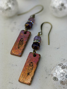Stamped Copper Bar Feather Earrings - Minxes' Trinkets