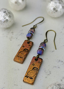 Stamped Copper Bar Winter Owl Earrings - Minxes' Trinkets