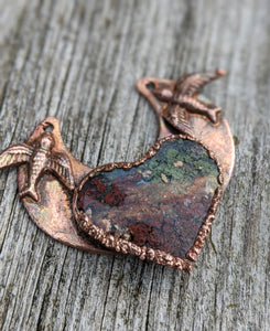 Electroformed Moss Agate Heart Necklace - Love Birds - Minxes' Trinkets