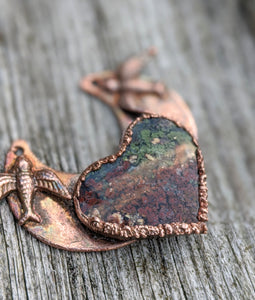 Electroformed Moss Agate Heart Necklace - Love Birds - Minxes' Trinkets