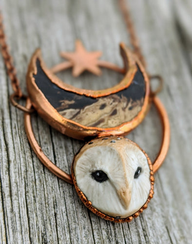 Electroformed Barn Owl Necklace with Fossilized Palm Root Moon - I - Minxes' Trinkets