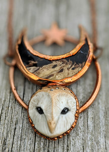 Electroformed Barn Owl Necklace with Fossilized Palm Root Moon - I - Minxes' Trinkets