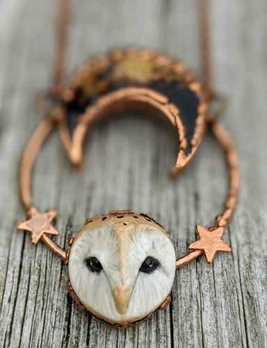Electroformed Barn Owl Necklace with Fossilized Palm Root Moon - II - Minxes' Trinkets