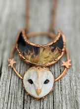 Load image into Gallery viewer, Electroformed Barn Owl Necklace with Fossilized Palm Root Moon - III - Minxes&#39; Trinkets