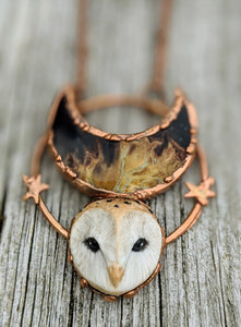 Electroformed Barn Owl Necklace with Fossilized Palm Root Moon - III - Minxes' Trinkets