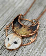 Load image into Gallery viewer, Electroformed Barn Owl Necklace with Fossilized Palm Root Moon - III - Minxes&#39; Trinkets