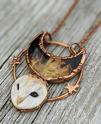 Electroformed Barn Owl Necklace with Fossilized Palm Root Moon - III - Minxes' Trinkets
