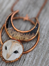 Load image into Gallery viewer, Electroformed Barn Owl Necklace with Fossilized Palm Root Moon - IV - Minxes&#39; Trinkets