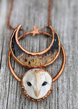 Load image into Gallery viewer, Electroformed Barn Owl Necklace with Fossilized Palm Root Moon - IV - Minxes&#39; Trinkets