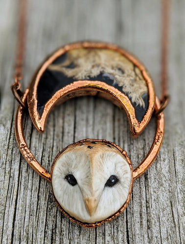Electroformed Barn Owl Necklace with Fossilized Palm Root Moon - V - Minxes' Trinkets