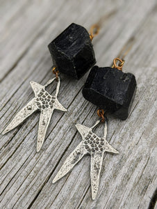 Pewter Star and Black Tourmaline Earrings - Minxes' Trinkets