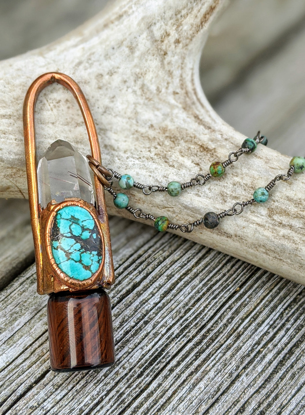Hubei Turquoise, Chrysoprase, and Golden Rutilated Quartz Copper Electroformed Rollerball Necklace - Minxes' Trinkets
