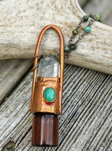 Load image into Gallery viewer, Hubei Turquoise, Chrysoprase, and Golden Rutilated Quartz Copper Electroformed Rollerball Necklace - Minxes&#39; Trinkets