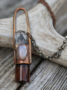 Grey Moonstone and Garden Quartz Copper Electroformed Rollerball Necklace - Minxes' Trinkets