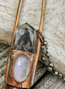 Grey Moonstone and Garden Quartz Copper Electroformed Rollerball Necklace - Minxes' Trinkets