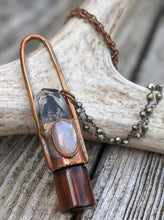 Load image into Gallery viewer, Grey Moonstone and Garden Quartz Copper Electroformed Rollerball Necklace - Minxes&#39; Trinkets
