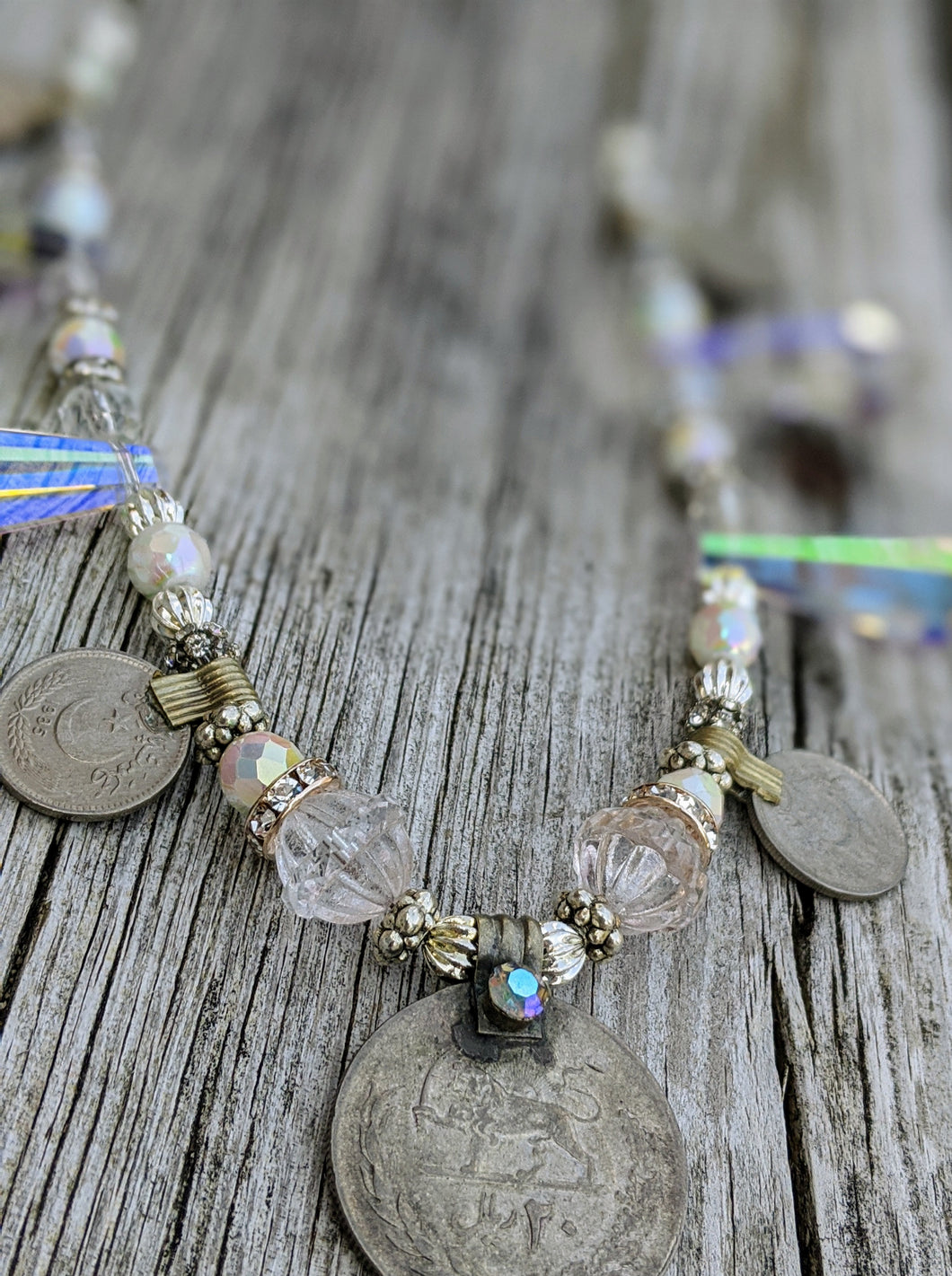 Kuchi Coin and Iridescent Chandelier Crystal Bellydance Necklace - Minxes' Trinkets