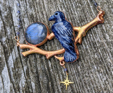 Load image into Gallery viewer, Midnight Blue Raven and Labradorite Moon Copper Electroformed Necklace - Minxes&#39; Trinkets