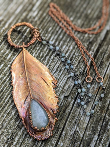 Real Copper Electroformed Feather - Grey Moonstone - Minxes' Trinkets