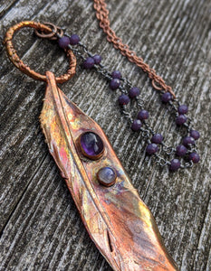 Real Copper Electroformed Feather - Amethyst and Moonstone - Minxes' Trinkets