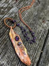 Load image into Gallery viewer, Real Copper Electroformed Feather - Amethyst and Moonstone - Minxes&#39; Trinkets
