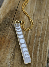 Load image into Gallery viewer, Engraved Selenite Moon Phase Necklace - Vertical Bar - Minxes&#39; Trinkets