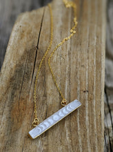 Load image into Gallery viewer, Engraved Selenite Moon Phase Necklace - Horizontal Bar - Minxes&#39; Trinkets