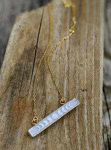 Engraved Selenite Moon Phase Necklace - Horizontal Bar - Minxes' Trinkets