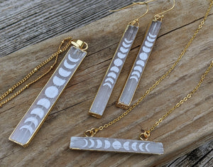 Engraved Selenite Moon Phase Necklace - Horizontal Bar - Minxes' Trinkets