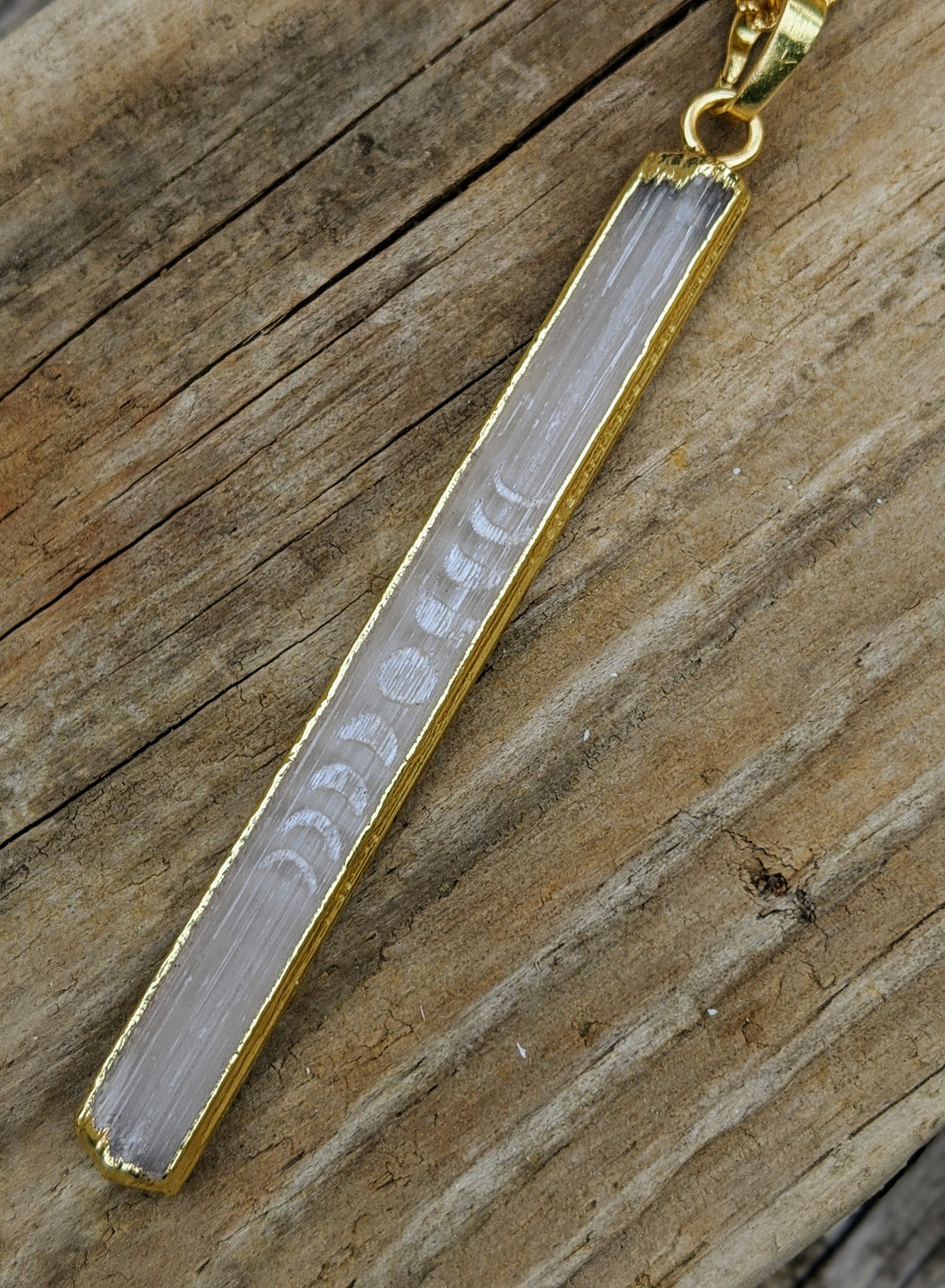 Slightly Imperfect - Engraved Selenite Moon Phase Necklace - Vertical Bar III - Minxes' Trinkets