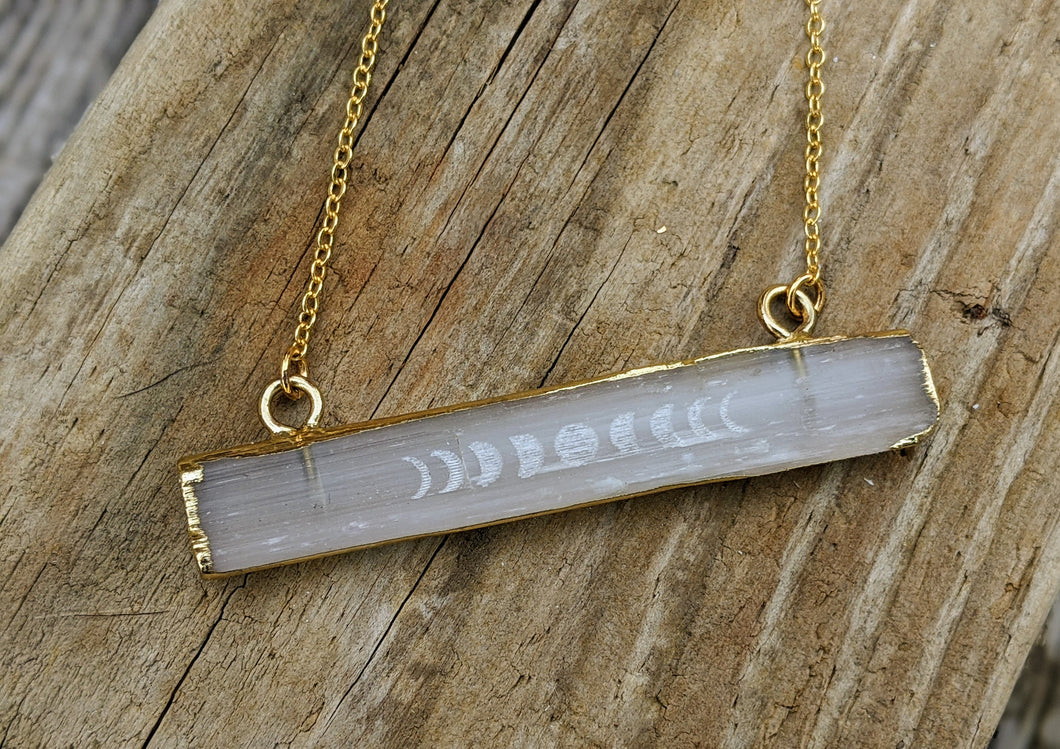 Slightly Imperfect - Engraved Selenite Moon Phase Necklace - Horizontal Bar - Minxes' Trinkets