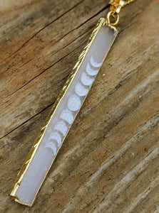 Slightly Imperfect - Engraved Selenite Moon Phase Necklace - Vertical Bar II - Minxes' Trinkets