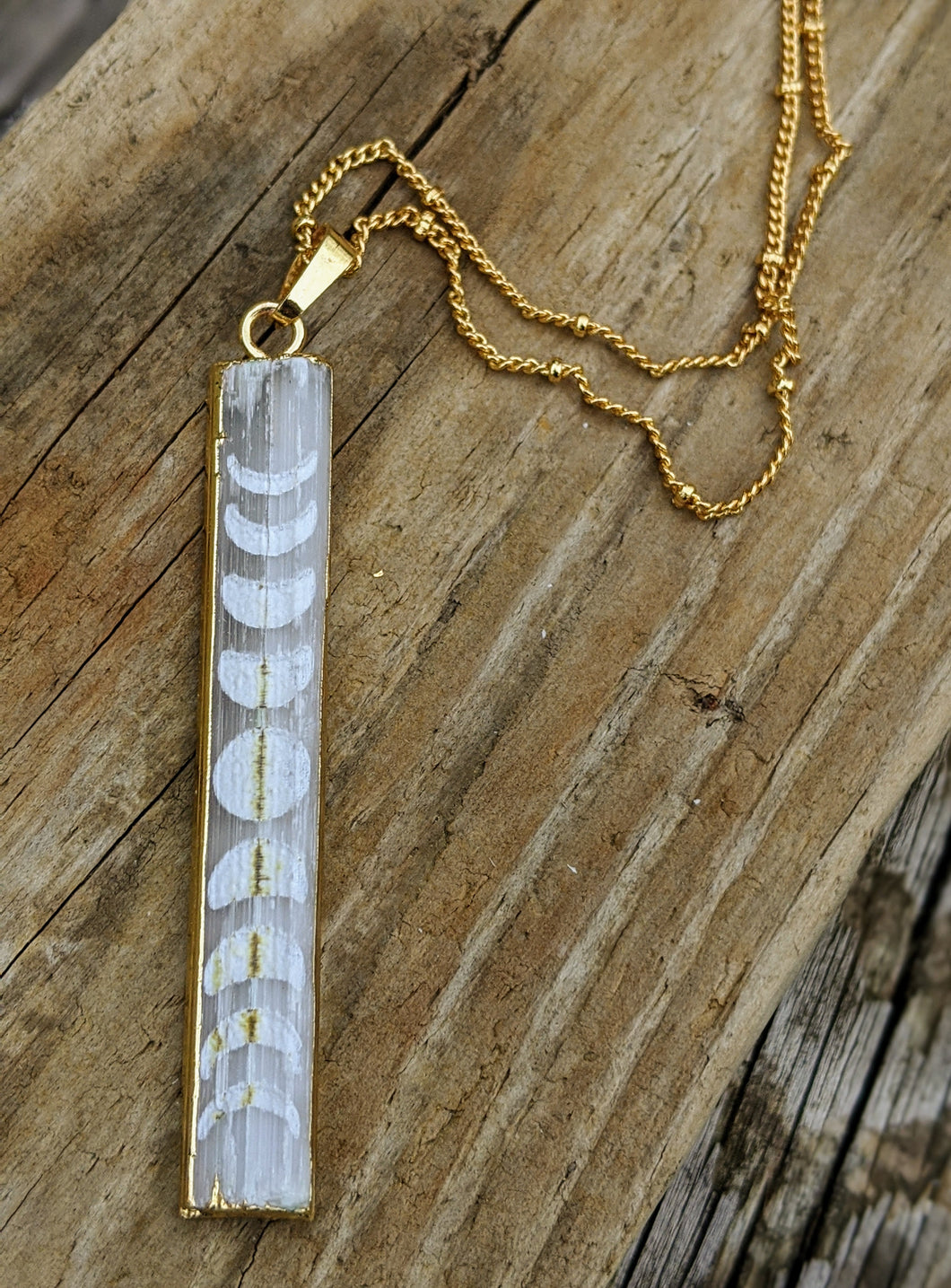 Slightly Imperfect - Engraved Selenite Moon Phase Necklace - Vertical Bar I - Minxes' Trinkets