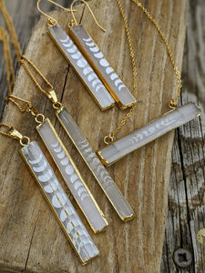 Slightly Imperfect - Engraved Selenite Moon Phase Necklace - Vertical Bar II - Minxes' Trinkets